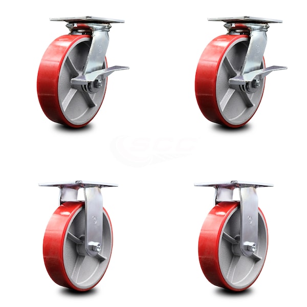 8 Inch Red Poly on Cast Iron Caster Set with Roller Bearing 2 Brakes 2 Rigid